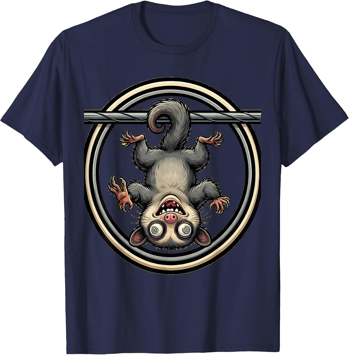 Unhinged Opossum Dangling From Power Line T-Shirt - Navy Blue