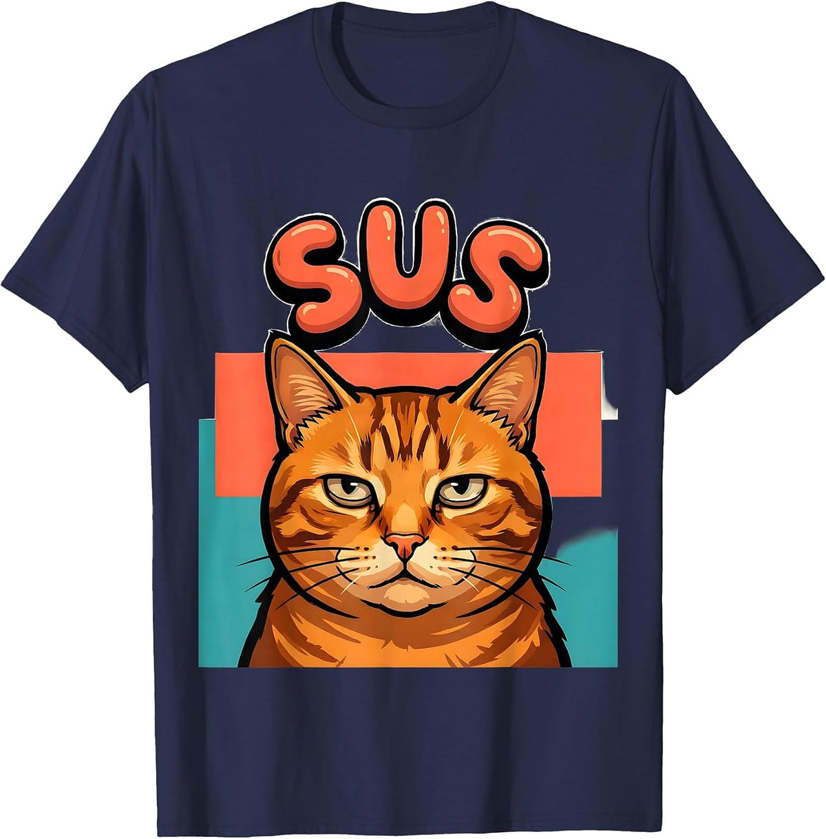Men's sus Funny Cartoon Orange Tabby Cat Meme Internet Humor T-Shirt - Navy Blue