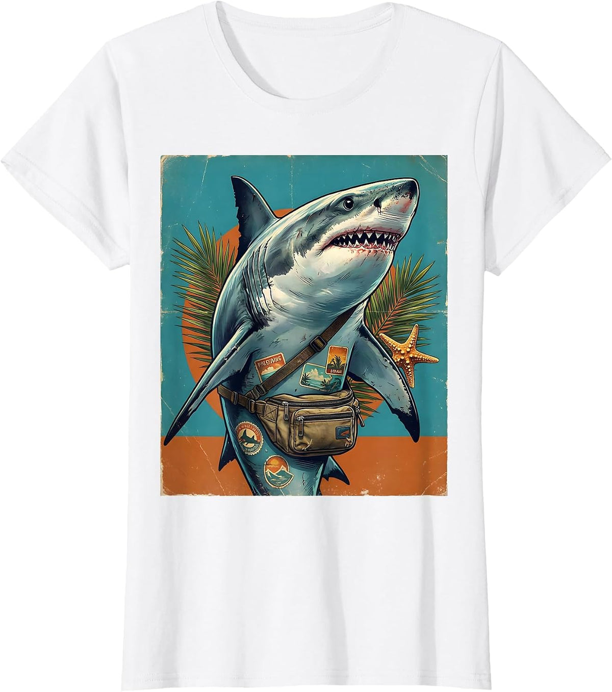 Shark On Vacation Fanny Pack Novelty Graphic T-Shirt - White