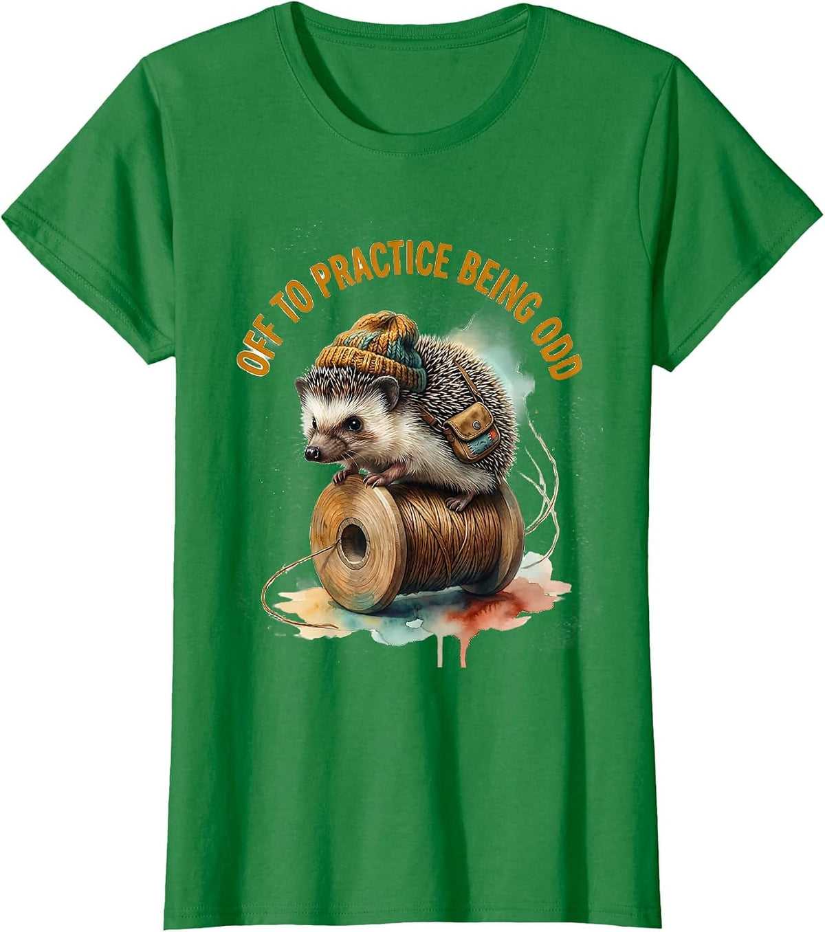 Women's Off To Practice Being Odd Whimsical Hedgehog Meme Humor T-Shirt - Kelly Green