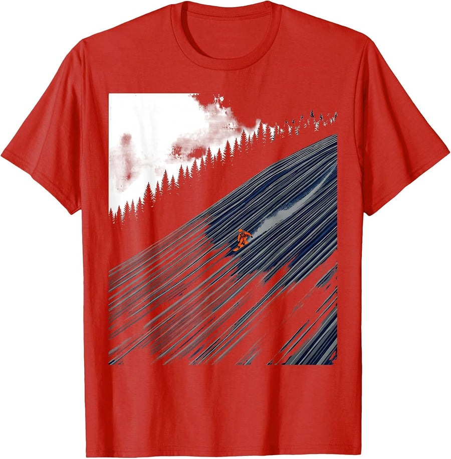 Men's Broad Corduroy Run Screenprint Skiing Snowboarding Humor T-Shirt - Red