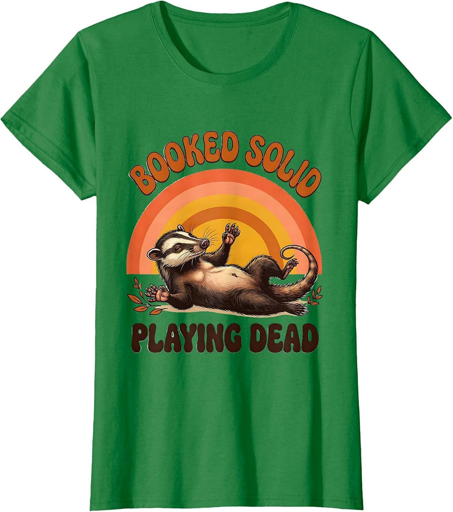 Women's Booked Solid Playing Dead Retro 70s Opossum Meme Humor T-Shirt - Kelly Green