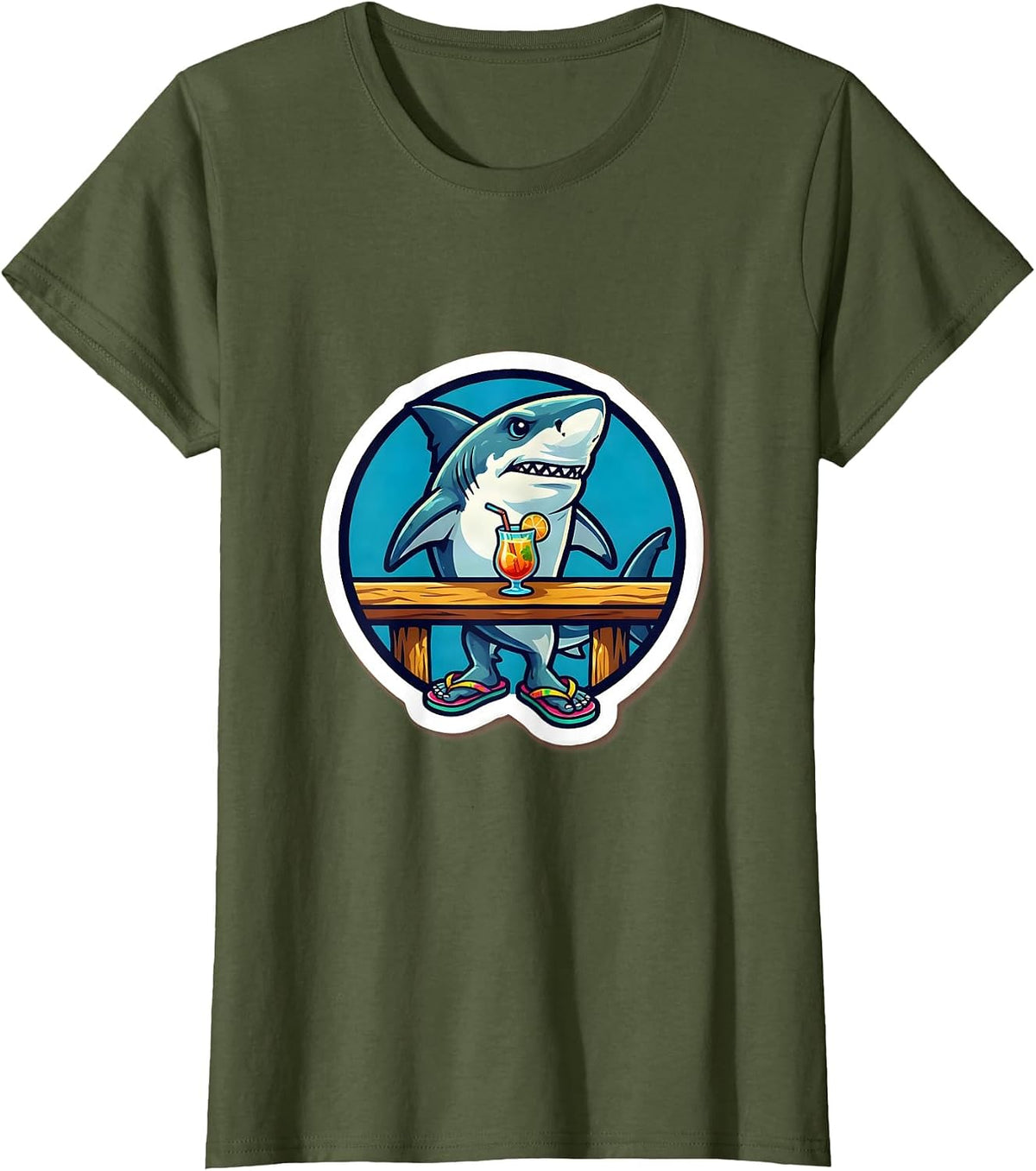 Women's Shark In Flip Flops Beach Bar Funny Graphic T-Shirt - Olive Green