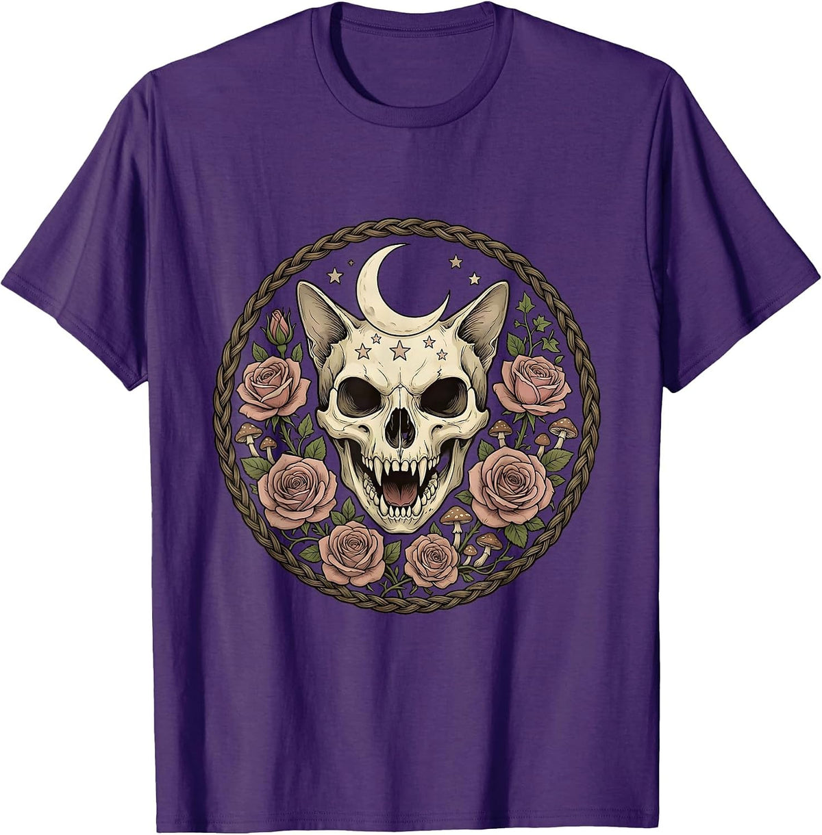 Men's Snarling Cat Skull With Roses Gothic Art T-Shirt - Purple