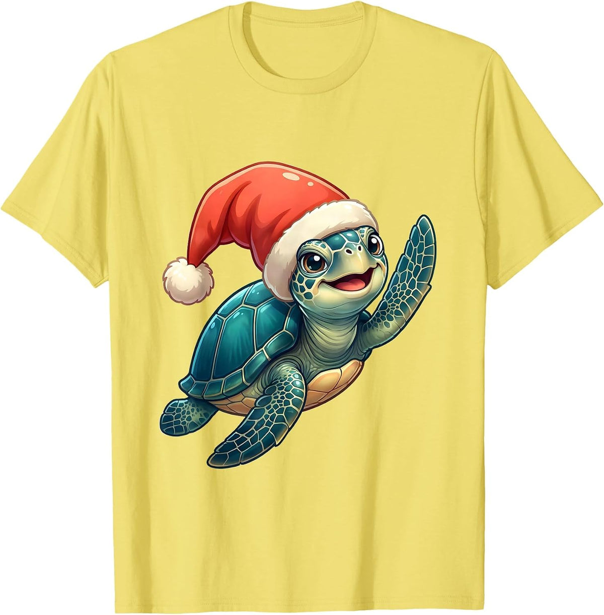 Men's Smiling Sea Turtle Santa Hat Cute Holiday Novelty T-Shirt - Lemon Yellow