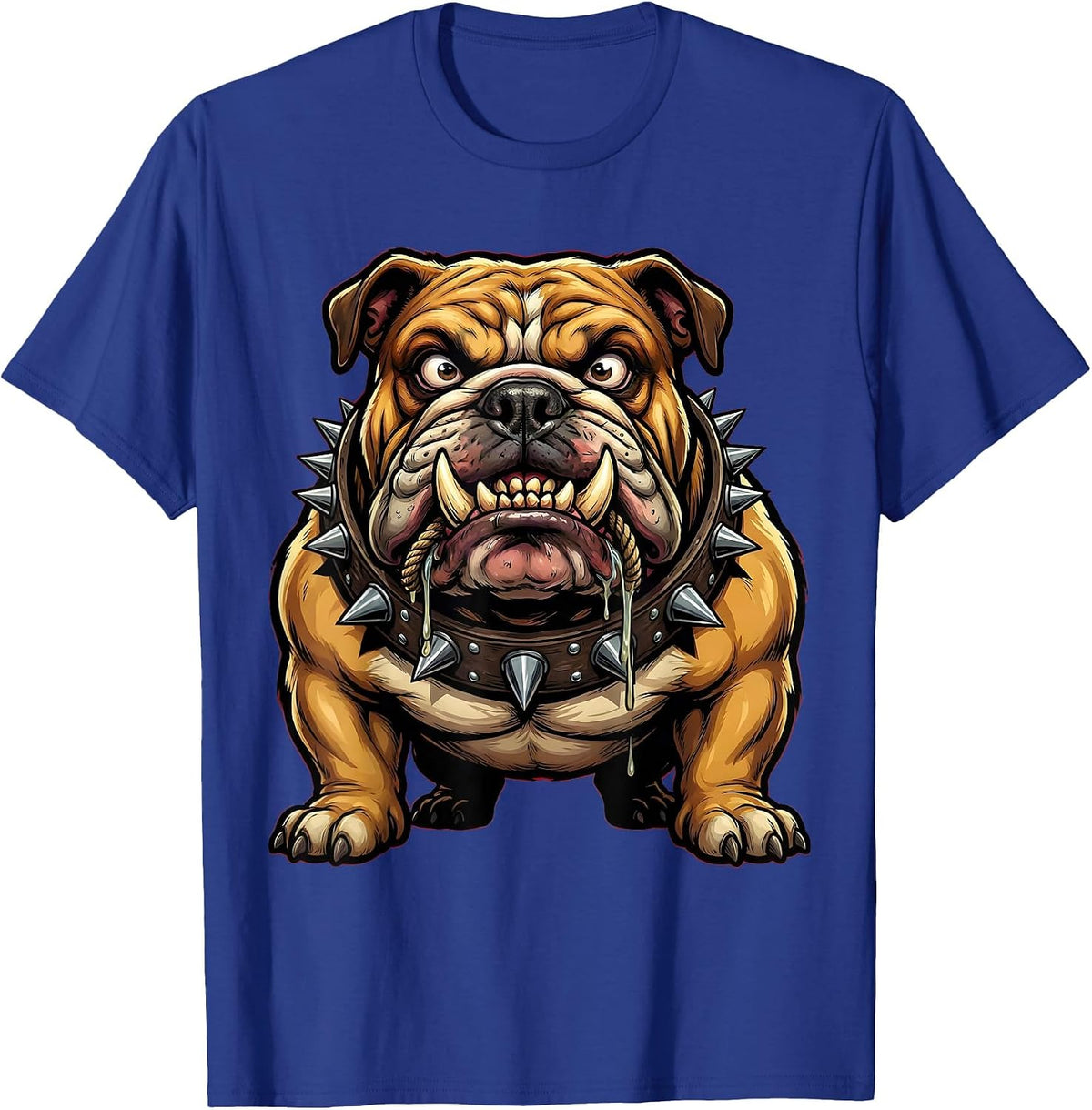 Drooling Bulldog Spiked Collar Graphic Tee T-Shirt - Royal Blue