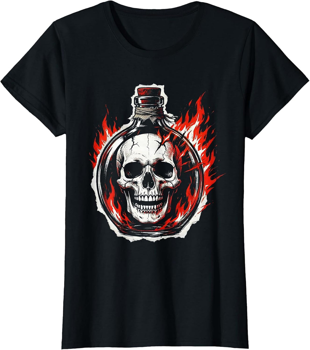 Flaming Skull Molotov Cocktail Graphic Design T-Shirt - Black