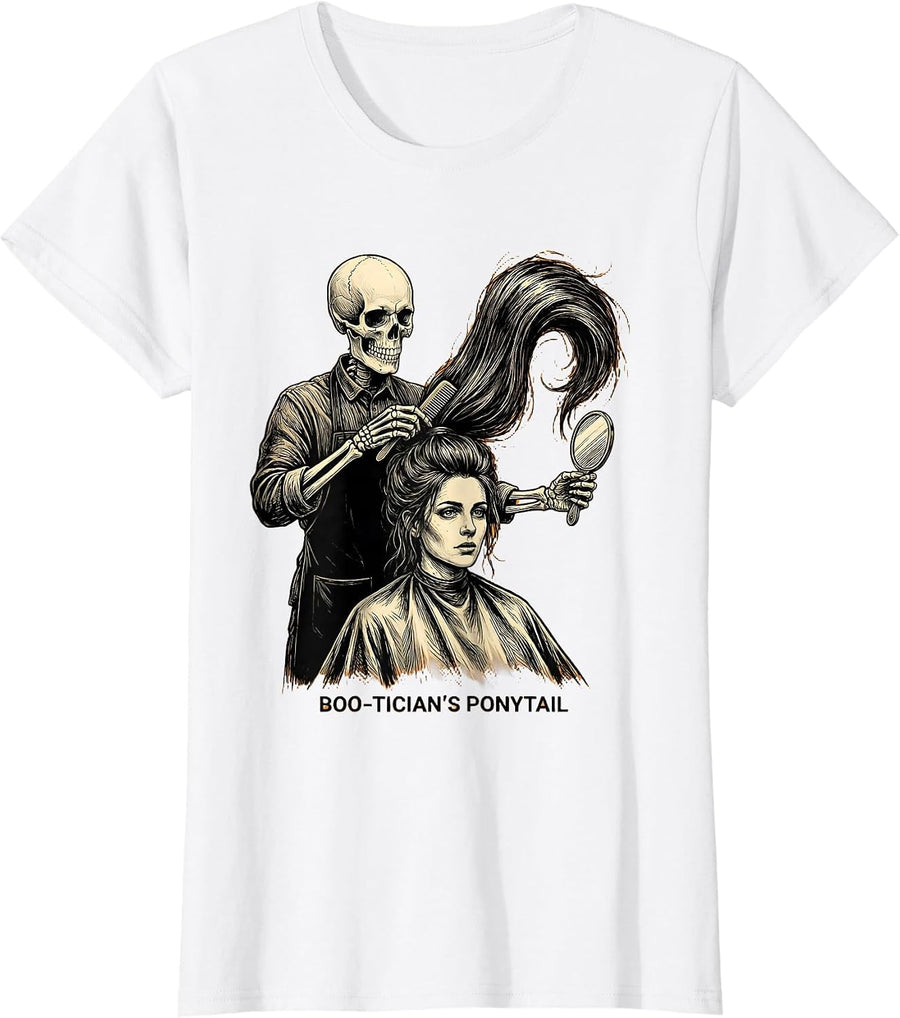 Women's Boo-tician's Ponytail Funny Skeleton Hairstylist Halloween T-Shirt - White