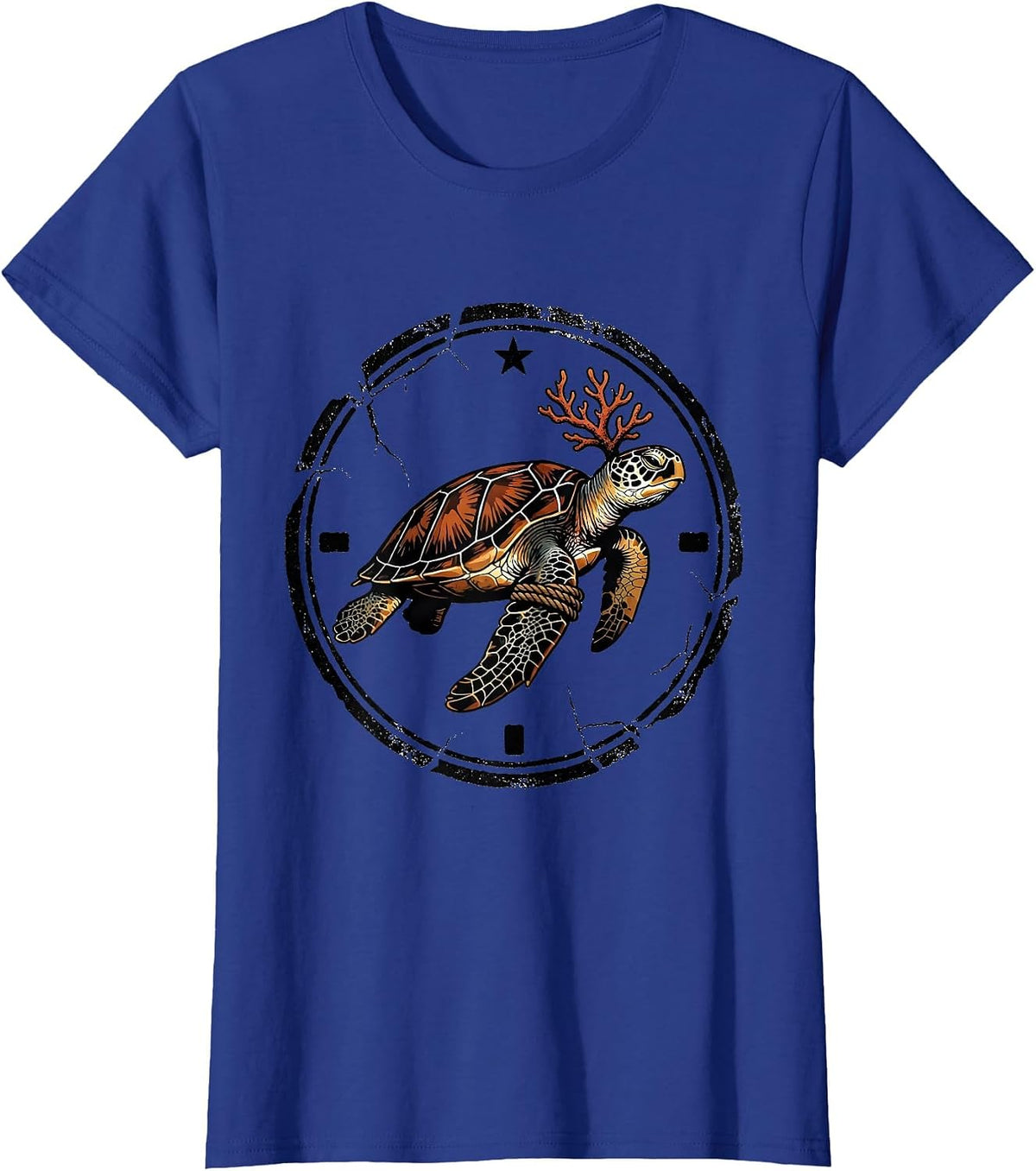 Women's Sea Turtle Stamp Christmas Lights Santa Hat Holiday Humor T-Shirt - Royal Blue