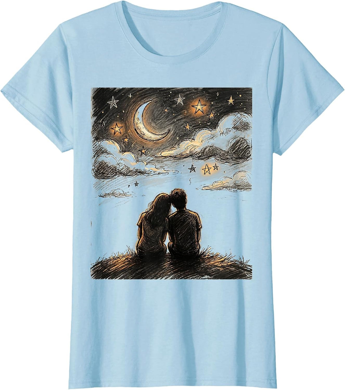 Suicide Prevention Two Silhouettes Night Sky Design T-Shirt - Baby Blue