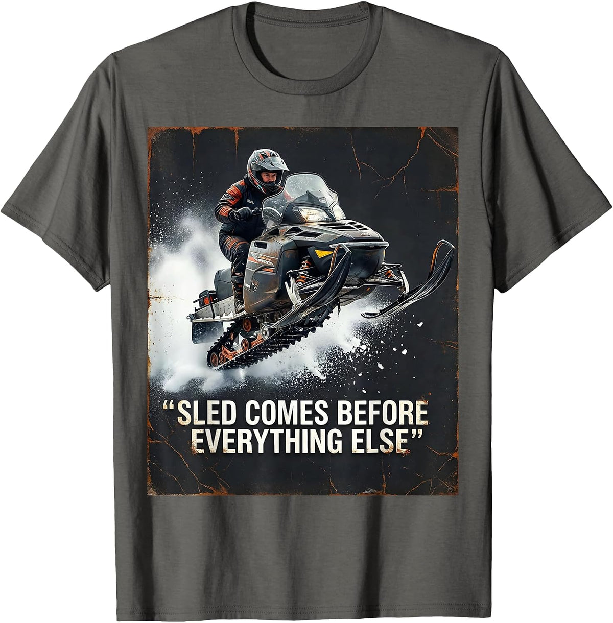 Men's Sled Comes Before Everything Else Distressed Snowmobile T-Shirt - Asphalt Grey