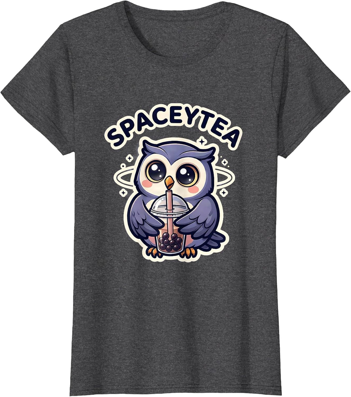 Women's Spaceytea Kawaii Anime Owl Boba Tea Lover Cute Chibi T-Shirt - Dark Heather Grey
