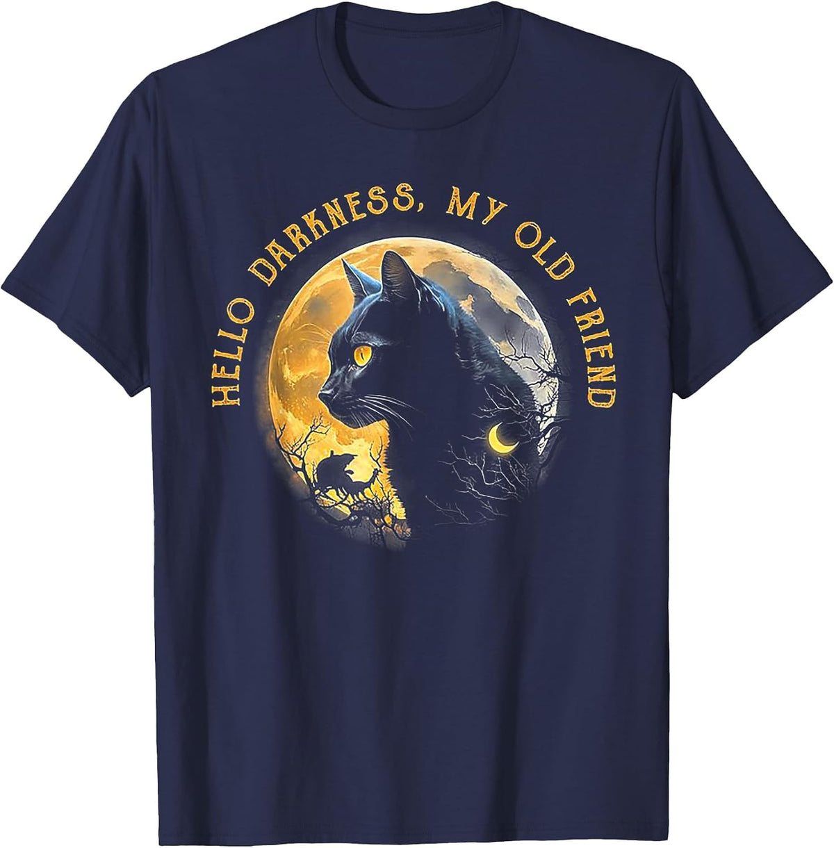 Hello Darkness My Old Friend Funny Cat Moon T-Shirt - Navy Blue