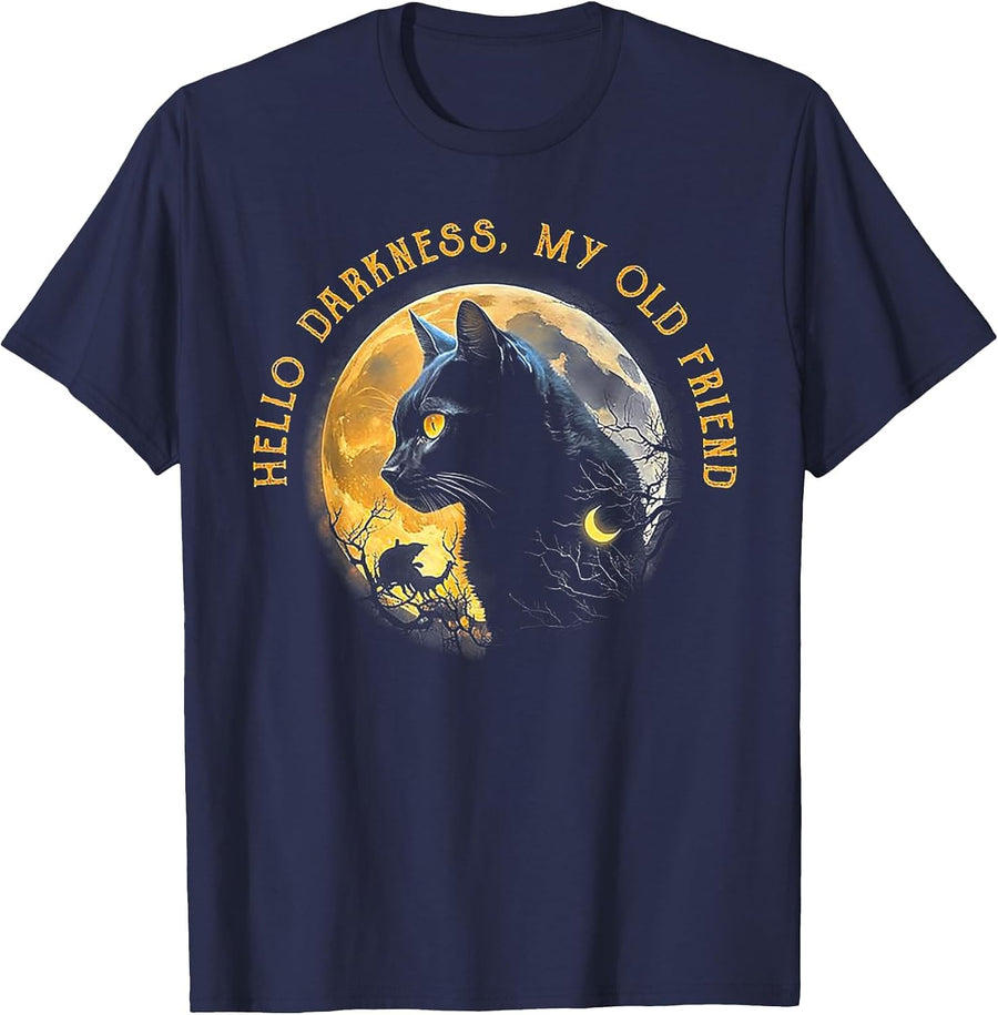 Hello Darkness My Old Friend Funny Cat Moon T-Shirt - Navy Blue