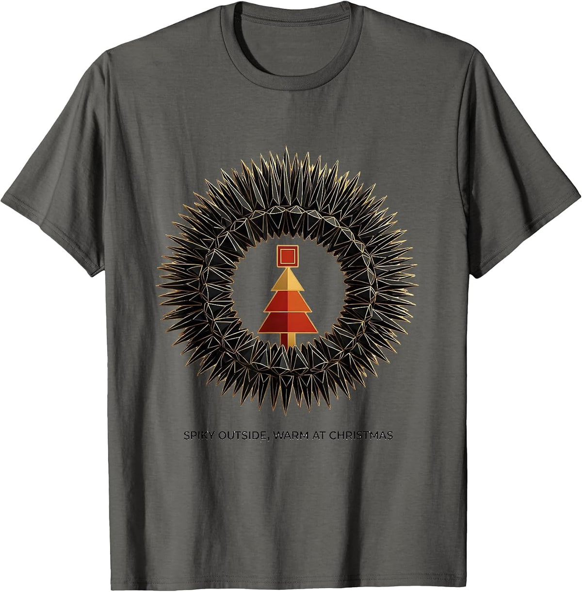 Men's Spiky Outside, Warm At Christmas Geometric Hedgehog Cute T-Shirt - Asphalt Grey