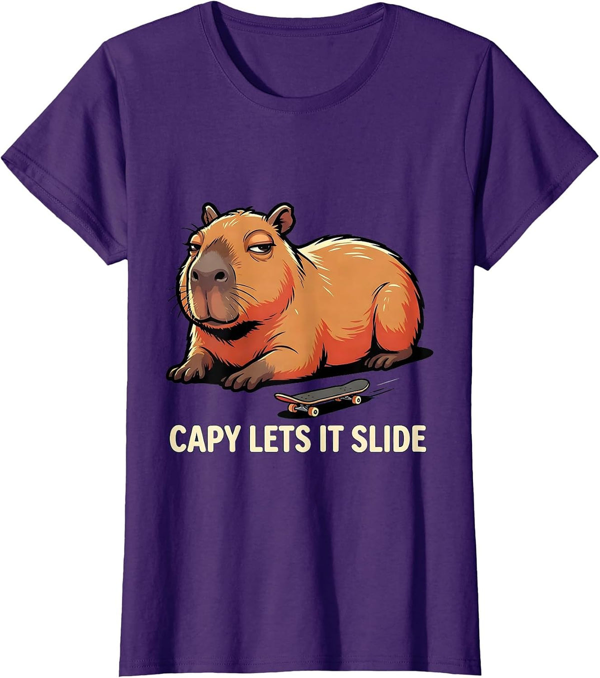 Women's Capy Lets It Slide Funny Cartoon Capybara Animal Meme Humor T-Shirt - Purple