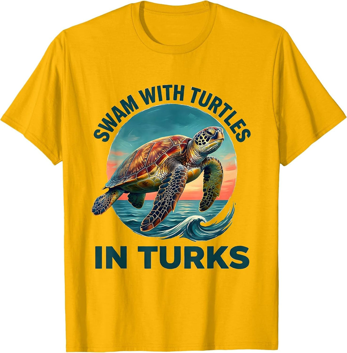 Swam With Turtles In Turks Vacation Souvenir Sea Turtle T-Shirt - Golden Yellow