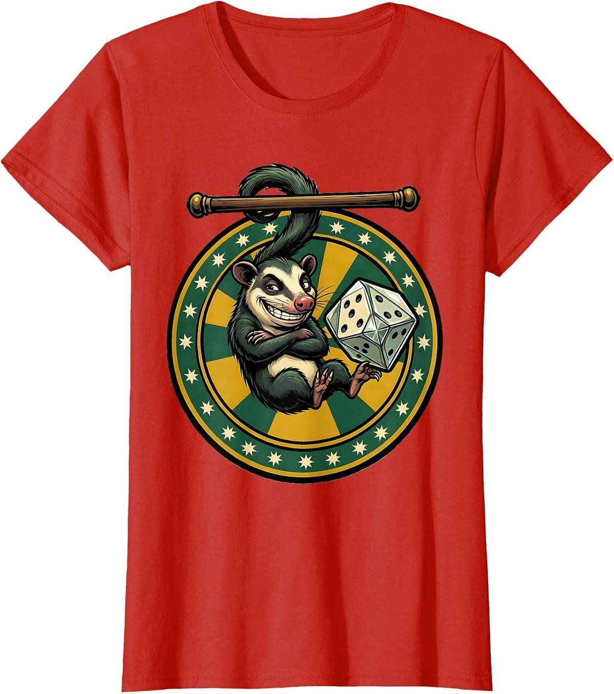 Cartoon Opossum Twenty-Sided Die Meme Humor T-Shirt - Red