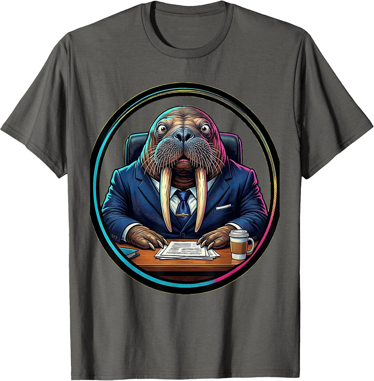 Men's Funny Walrus Business Suit Office Desk Graphic T-Shirt - Asphalt Grey