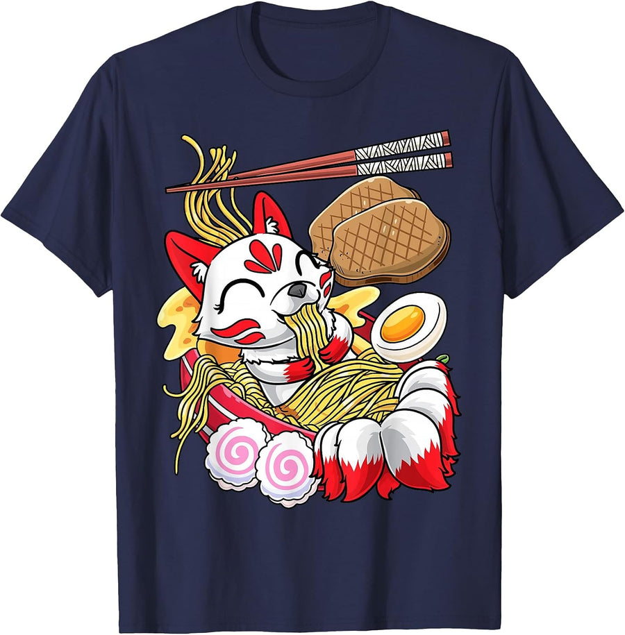 Kawaii Kitsune Fox Ramen Noodles Japanese Food T-Shirt - Navy Blue