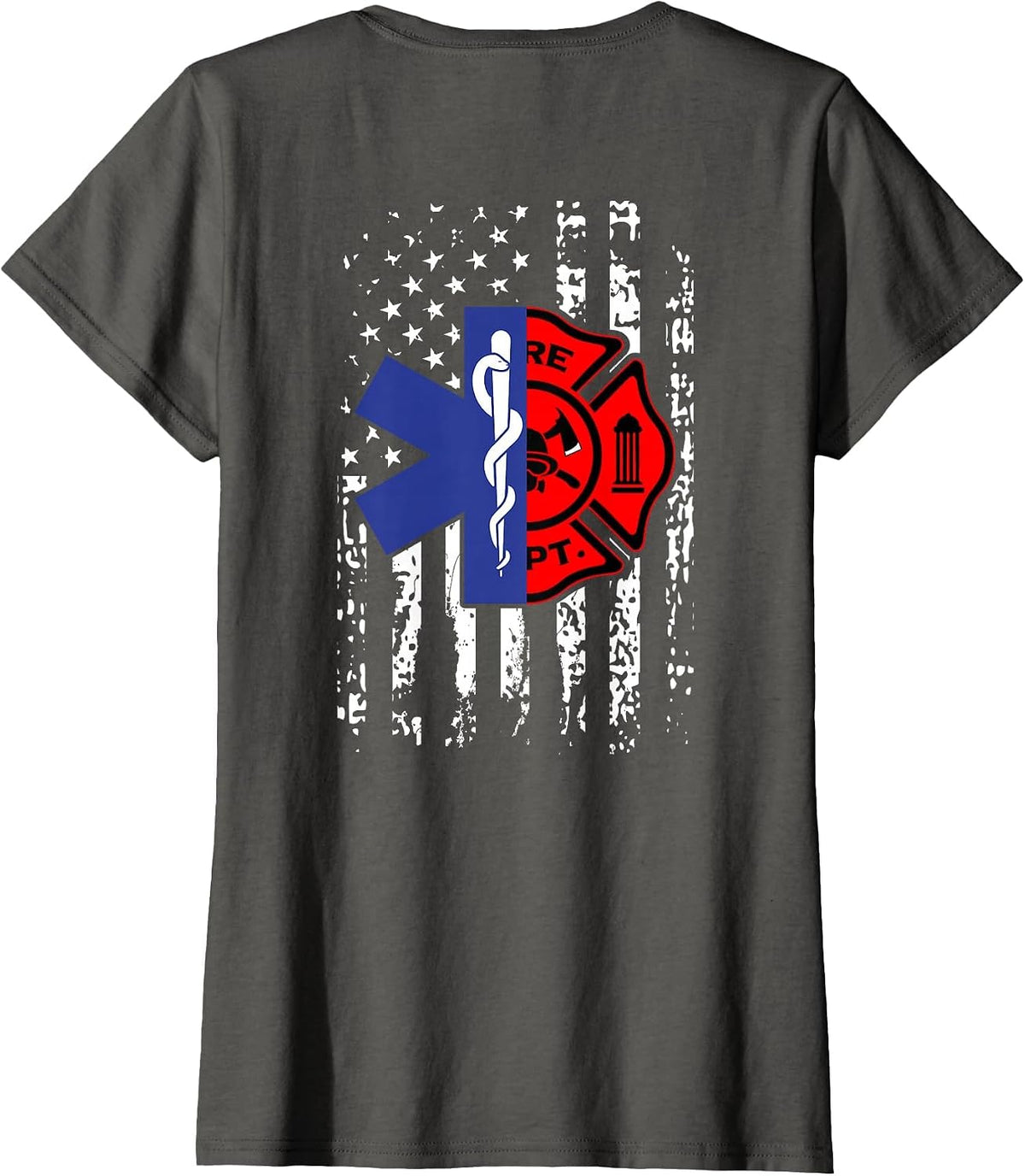 EMT Firefighter Shirt Firefighter American Flag Back Print T-Shirt - Asphalt Grey