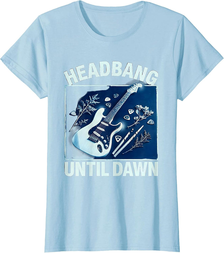 Women's Headbang Until Dawn Rock Band Graphic Design T-Shirt - Baby Blue