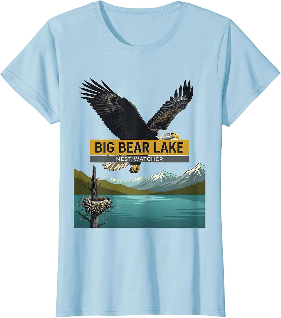 Women's Big Bear Lake Nest Watcher Midcentury Modern Bald Eagle T-Shirt - Baby Blue
