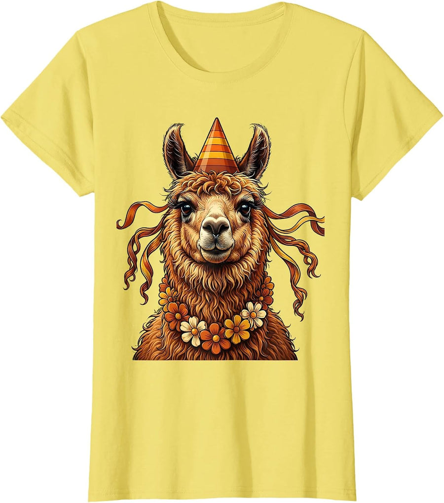 Llama Birthday Party Hat and Streamers Design T-Shirt - Lemon Yellow