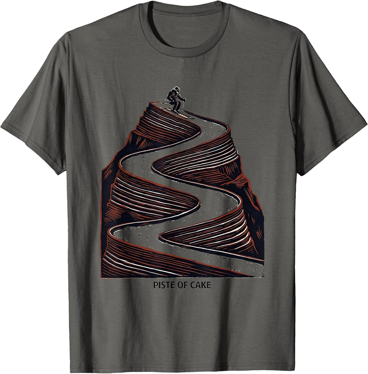 Men's Piste Of Cake Linocut Skiing Enthusiast Gift T-Shirt - Asphalt Grey