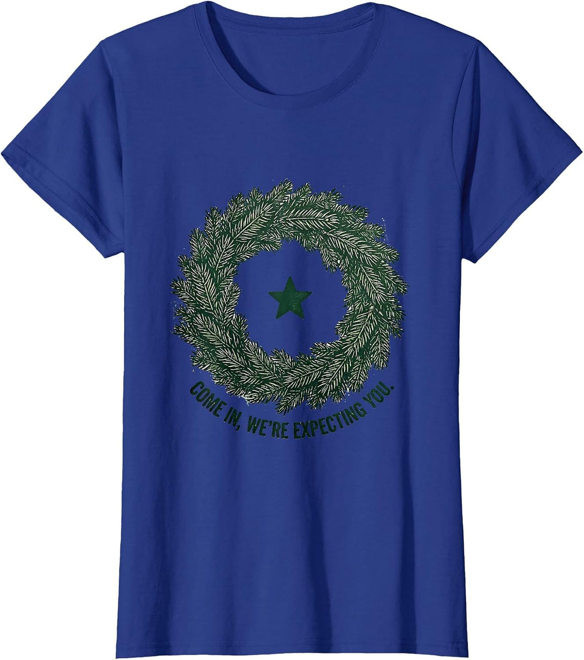 Women's Come In, We're Expecting You Rubber Stamp Family Christmas T-Shirt - Royal Blue