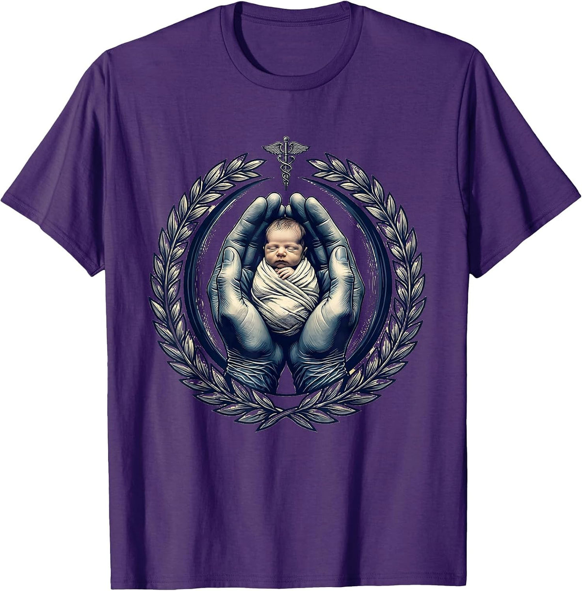 Men's Gloved Hands Cradling Newborn Nursing Graphic T-Shirt - Purple