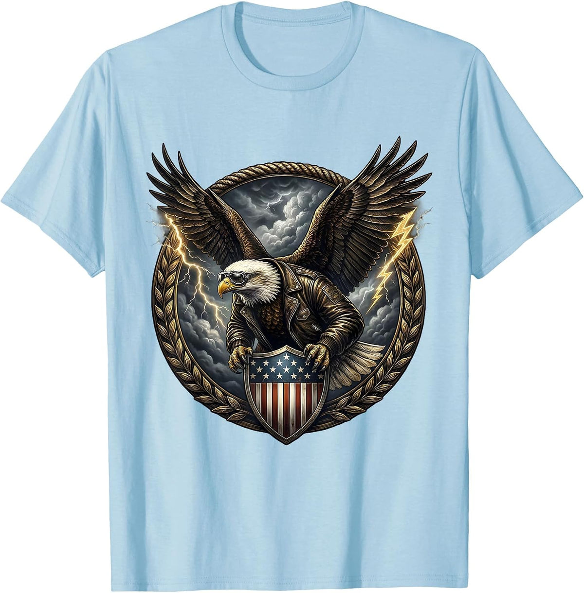 Men's Eagle and Shield Patriotic Stormy Sky Design T-Shirt - Baby Blue