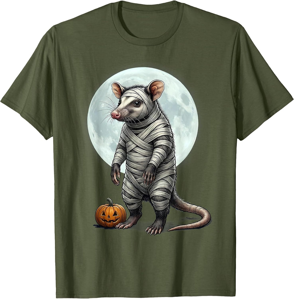 Men's Opossum Halloween Spooky Moon Vintage Novelty T-Shirt - Olive Green