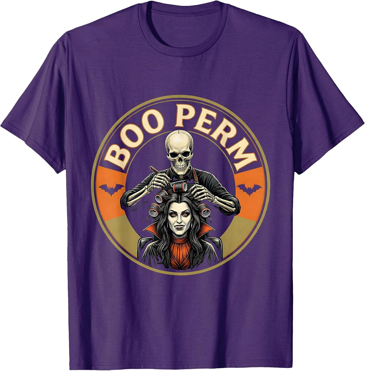 Men's Boo Perm Funny Skeleton Hairstylist Halloween Barber Humor T-Shirt - Purple