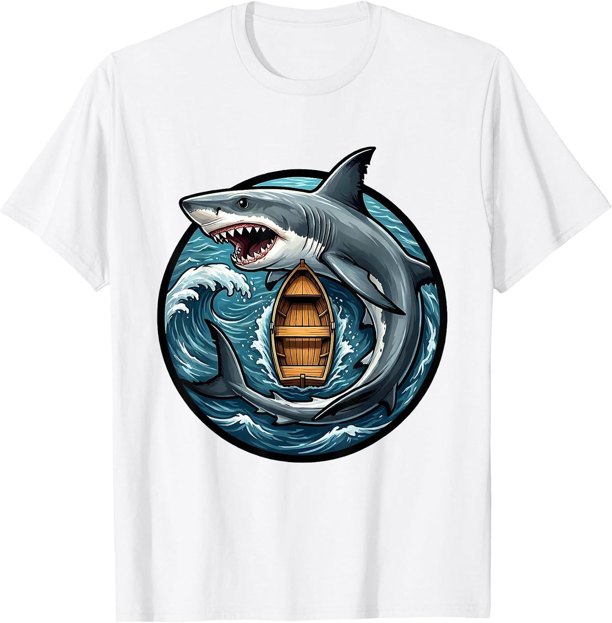 Men's Shark Circling Rowboat Aerial View Graphic T-Shirt - White
