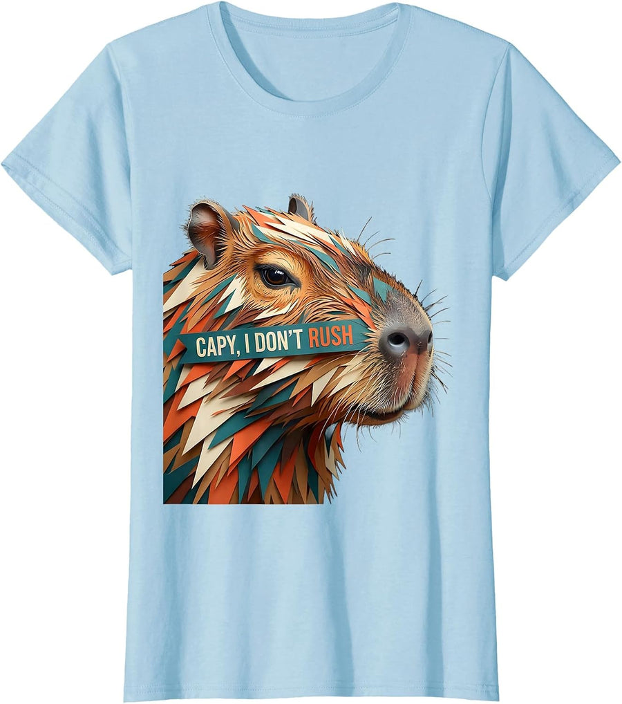 Women's Capy, I Don't Rush Funny Capybara Meme Gamer Humor T-Shirt - Baby Blue