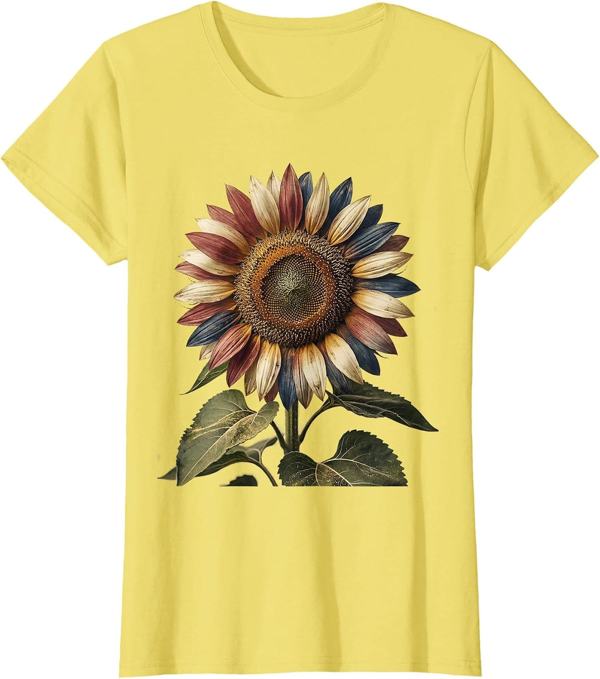 Women's Red White and Blue Sunflower Patriotic Design T-Shirt - Lemon Yellow