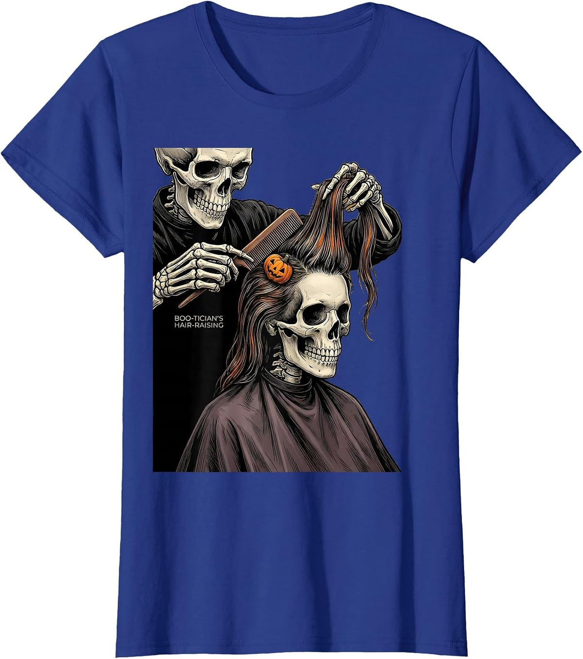 Women's Boo-tician's Hair-Raising Funny Skeleton Hairdresser T-Shirt - Royal Blue