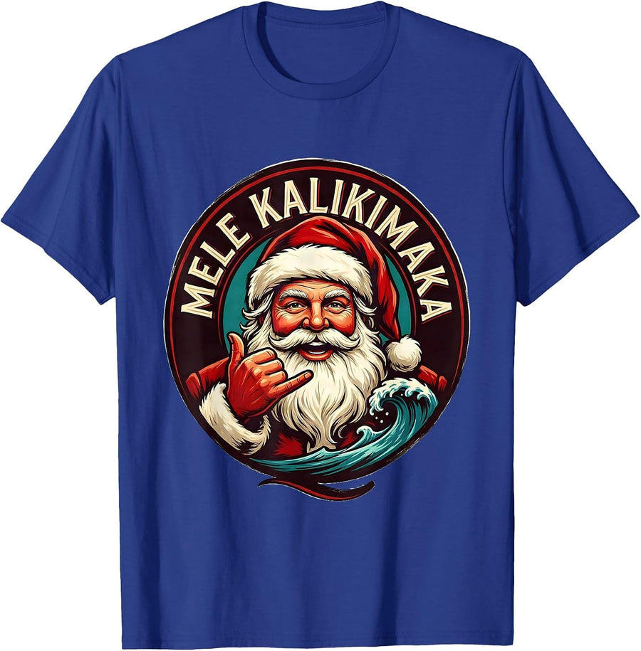 Mele Kalikimaka Hawaiian Surfing Santa Shaka Christmas T-Shirt - Royal Blue