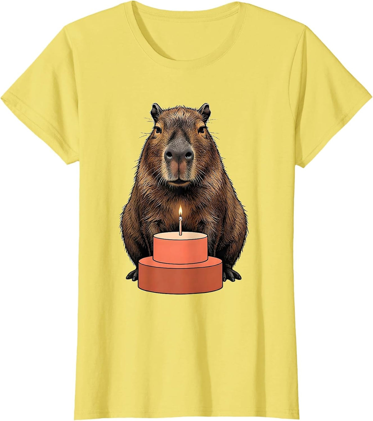 Women's Large Capybara Seated on Cake Birthday Novelty Humor T-Shirt - Lemon Yellow