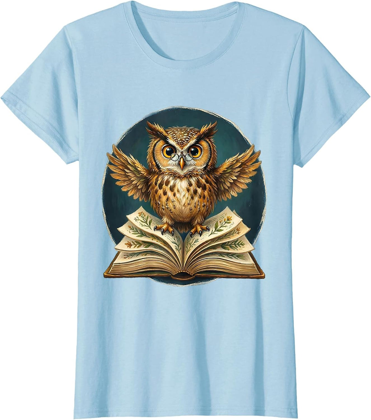Owl on Open Book Illustration for Teachers T-Shirt - Baby Blue