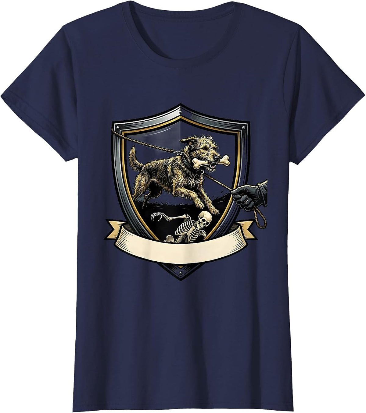 Women's Halloween Skeleton Chasing Irish Wolfhound Dog Mom Humor T-Shirt - Navy Blue
