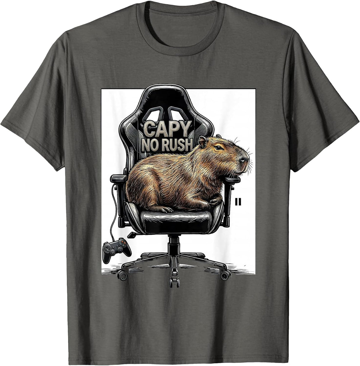 Men's Capy No Rush Funny Capybara Gamer Gaming Humor T-Shirt - Asphalt Grey
