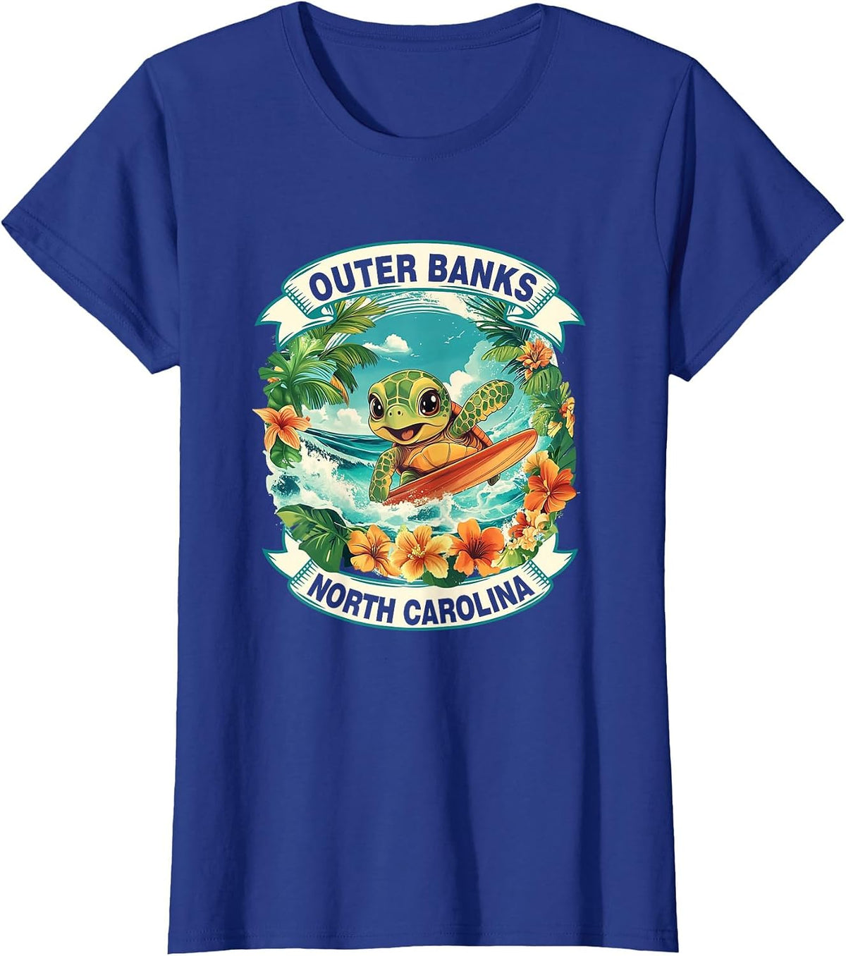 Outer Banks North Carolina Cute Sea Turtle Surfing Summer T-Shirt - Royal Blue