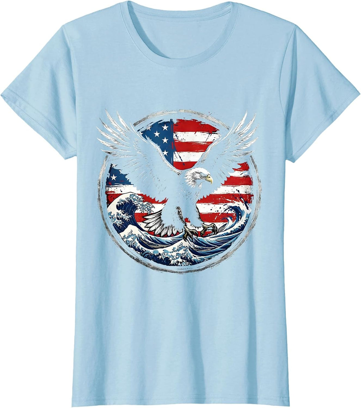 Bold Eagle Soaring Over Red White and Blue Waves T-Shirt - Baby Blue