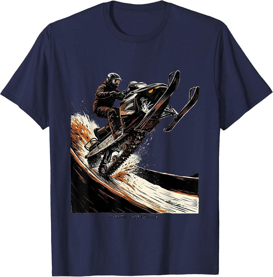 Throttle Over Caution Linocut Snowmobile Rider Winter Sports T-Shirt - Navy Blue