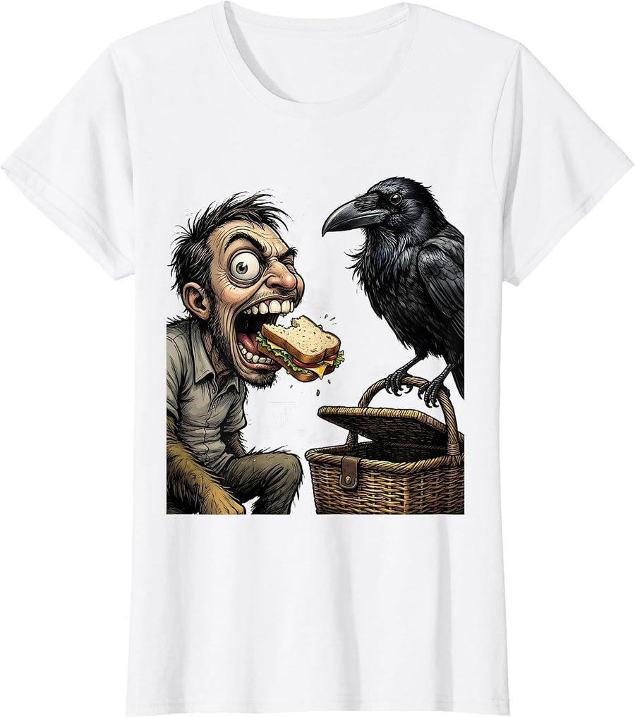 Women's Cartoon Crow Picnic Humor Bird Lover Dark Humor T-Shirt - White