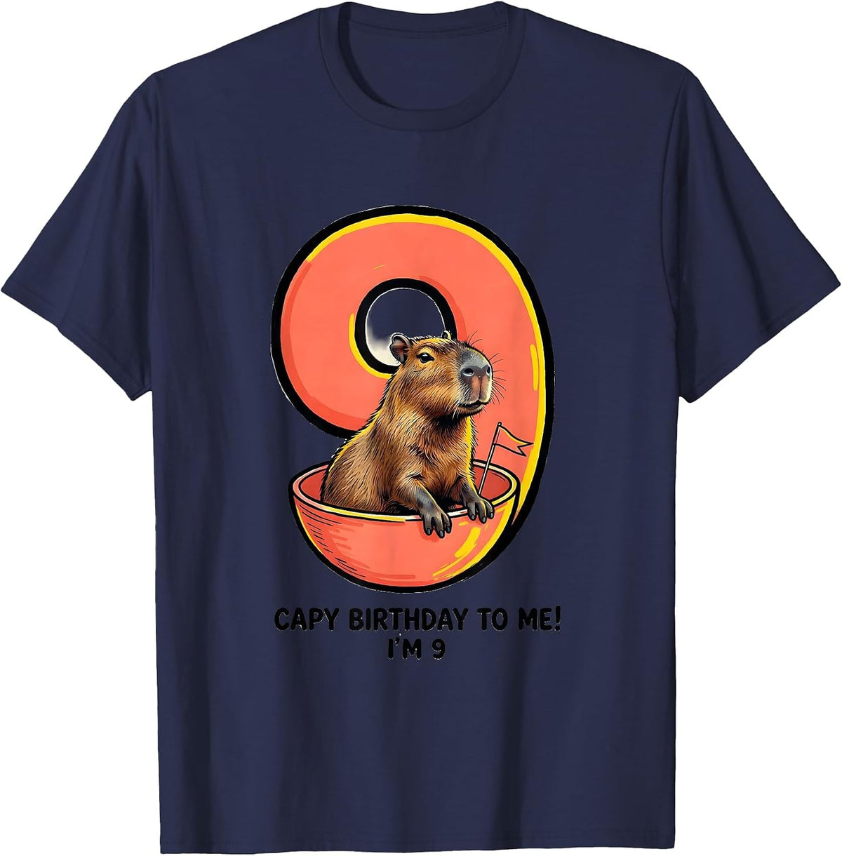 Capy Birthday To Me! I'm 9 Funny Kids Age Pun Capybara T-Shirt - Navy Blue