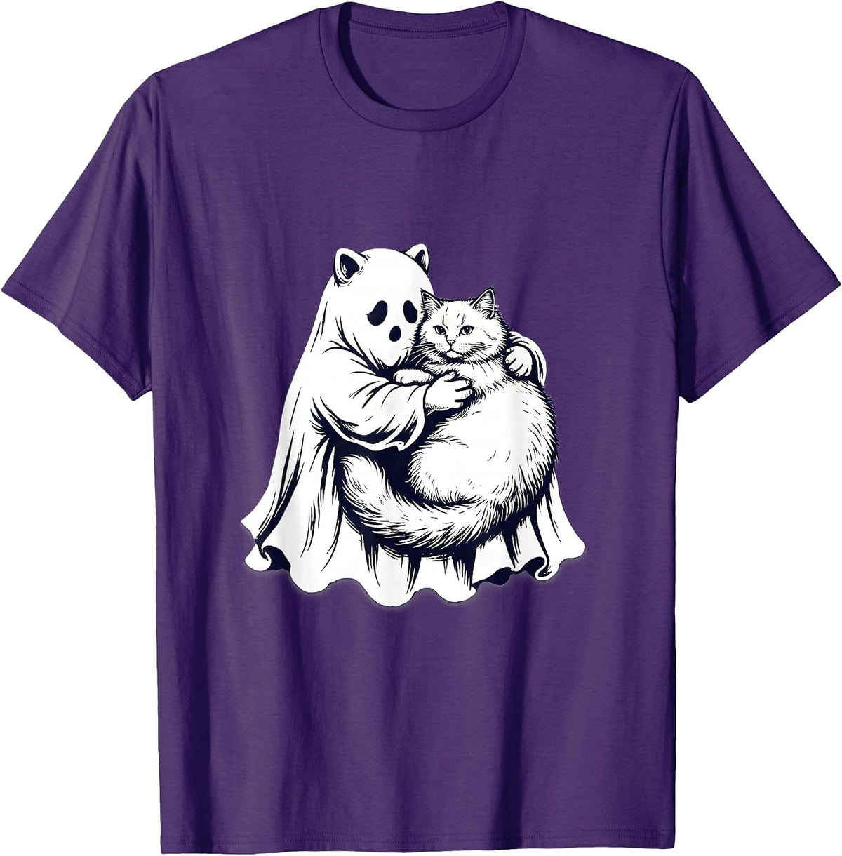 Men's Cute Ghost Hugging Fluffy Tabby Cat Illustration T-Shirt - Purple