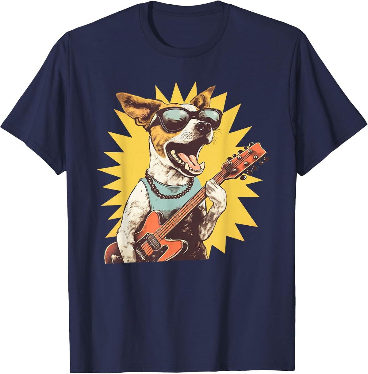 Jack Russell Terrier Playing Guitar Rock Star Dog Rocker Tee T-Shirt - Navy Blue